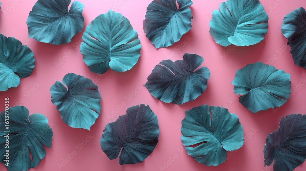 Poster vibrant teal and emerald monstera leaves arranged overhead on a soft peach background with ample bla