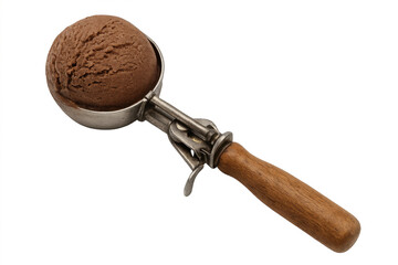 Ice cream scoop holding chocolate ice cream ball on transparent background