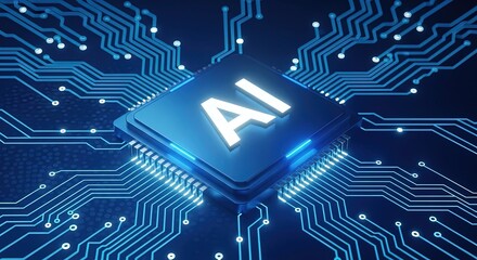 AI Microchip: Futuristic Blue Circuit Board Technology, Abstract Digital Intelligence Concept