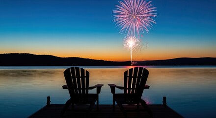 Serene Lakeside Sunset: Two Adirondack Chairs, Fireworks Display, Romantic Evening