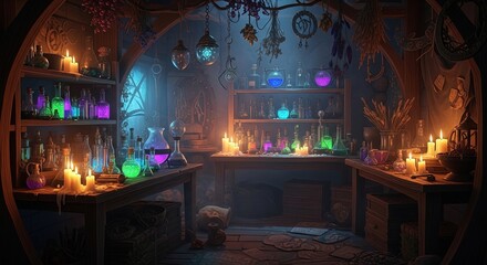 Mysterious alchemist s laboratory filled with glowing potions and candles