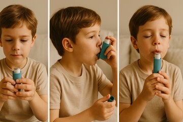 Step-by-step use of inhaler. Child shakes the inhaler. brings inhaler to his lips. takes a breath. closes eyes and holds his breath