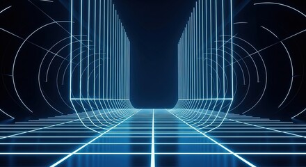Futuristic neon grid tunnel with vertical light beams