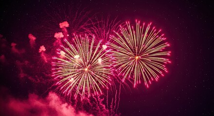 Vibrant pink fireworks exploding in the night sky