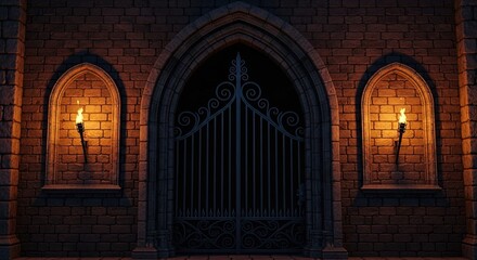 Mysterious gothic entrance with flaming torches