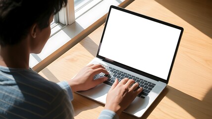 Person typing on a laptop with a blank white screen