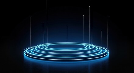 Abstract Neon Blue Circular Platform; Futuristic, Dark Background, Glowing Lines, Technology Concept.