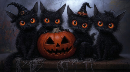 Cute Halloween Black Cats with Pumpkin, Spooky Cartoon, Halloween Illustration