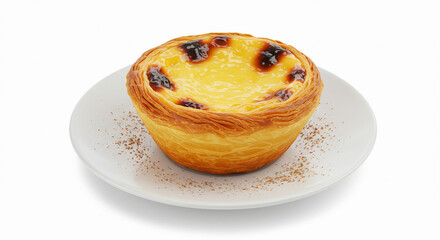 A single golden-brown pastel de nata with a crispy, layered crust and creamy yellow custard center, slightly blistered from baking. Served on a white saucer with a subtle dusting of cinnamon