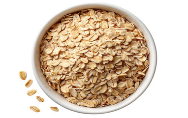 Beige oat flakes fill a white bowl with studio lighting; ideal for healthy eating designs and food product photography.