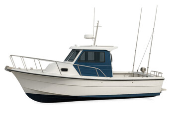 Fototapeta premium White and blue fishing boat sailing on transparent background