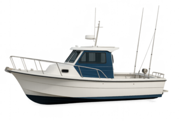 White and blue fishing boat sailing on transparent background