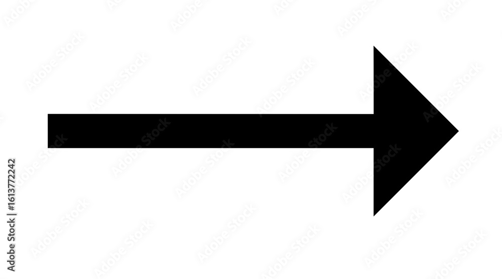 Poster bold black arrow pointing right direction with simple shape for web design elements on transparent b