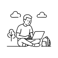 Line art of man using laptop outdoors