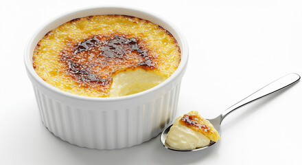 A white ramekin filled with smooth vanilla custard, topped with a perfectly caramelized sugar crust that glistens A spoon rests beside it, slightly tapping the surface to show crispness.