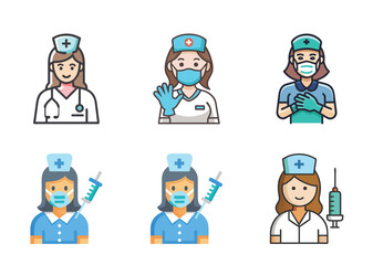 6 set icon Collection of Nurse Avatar Icons with Different Styles and Health Tools