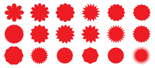 Star burst shape tags for price. Price sticker, sale sticker, Circle sticker set. Wavy edge promo red badges. Sun ray discount coupon, promotional badge set, shopping labels.