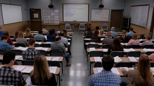 Individuals seated in a classroom setting are engaged in an examination, concentrating on answering questions thoughtfully