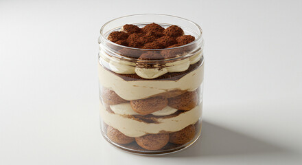 A clear glass jar filled with layered tiramisu coffee-soaked ladyfingers and mascarpone cream, topped with a dusting of cocoa powder. The layers are clearly visible, with a soft light
