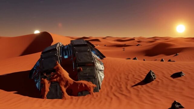 Strange metallic alien artifact half-buried in red sand of desert planet  