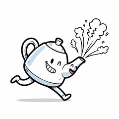 Cartoon teapot running and steaming with a happy expression