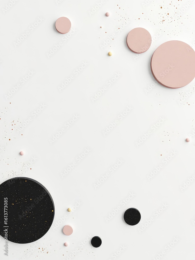 Poster modern abstract design presenting an artistic arrangement of blush pink and deep black geometric cir