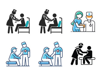 6 set icon Illustrations of medical professionals providing care to patients in various settings