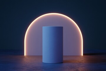 Empty cylinder display podium illuminated by ambient light.
