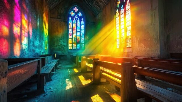 Ethereal Light Illuminates Peaceful Interior of Abandoned Church with Colorful Stained Glass Windows 4k video footage