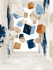 Abstract floating pastel cubes fill a modern space, representing diverse identities. The cubes' varied colors and patterns reflect cultural differences, inviting exploration