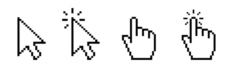 Pixel cursor set. Mouse click, arrow cursor pointer collection.
