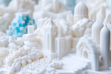 Detailed white 3d printed miniature city scene.