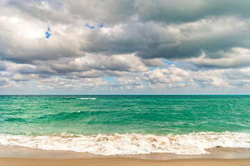 Romantic summer vacation at seascape. Sunset sea and seascape. Sea horizon view. Cloudy sky and...