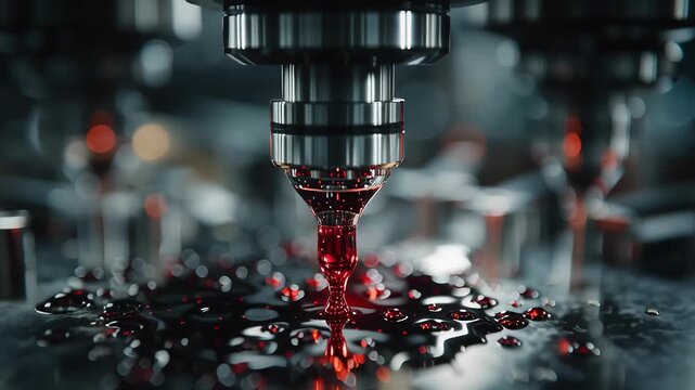 CNC machine dispensing fluid for industrial manufacturing. Automated precision drilling and lubrication process in a factory. Footage.