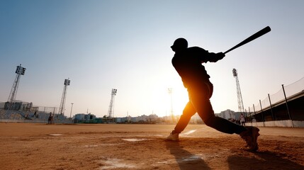 Dynamic silhouette of a female baseball batter midswing at sunset on an outdoor field with glowing stadium lights and long shadows creating an energetic and inspiring atmosphere