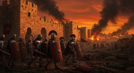 Fototapeta premium An illustration depicting Roman soldiers attacking the walls of ancient Jerusalem, fire and chaos
