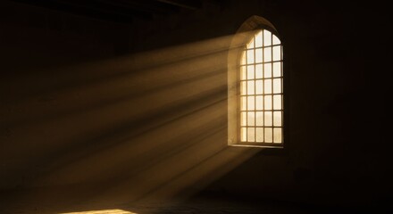 Fototapeta premium Sunbeams stream through an arched window into a dark, dusty room