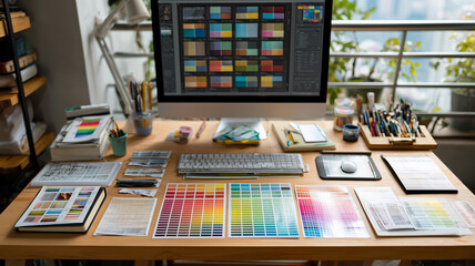 Graphic designer's desk with monitor, color swatches, tablet and notes