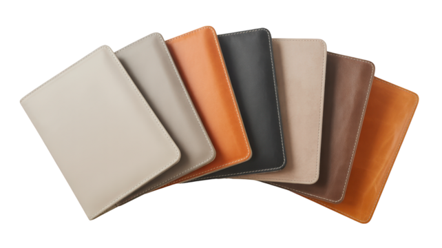 Assorted leather folio covers isolated on a transparent background colors