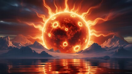 Fiery Sun Over Icy Mountains Reflected in Water solar flare