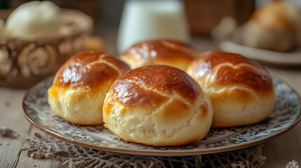 Fresh potato filled buns on ceramic plate for culinary delight and baking inspiration