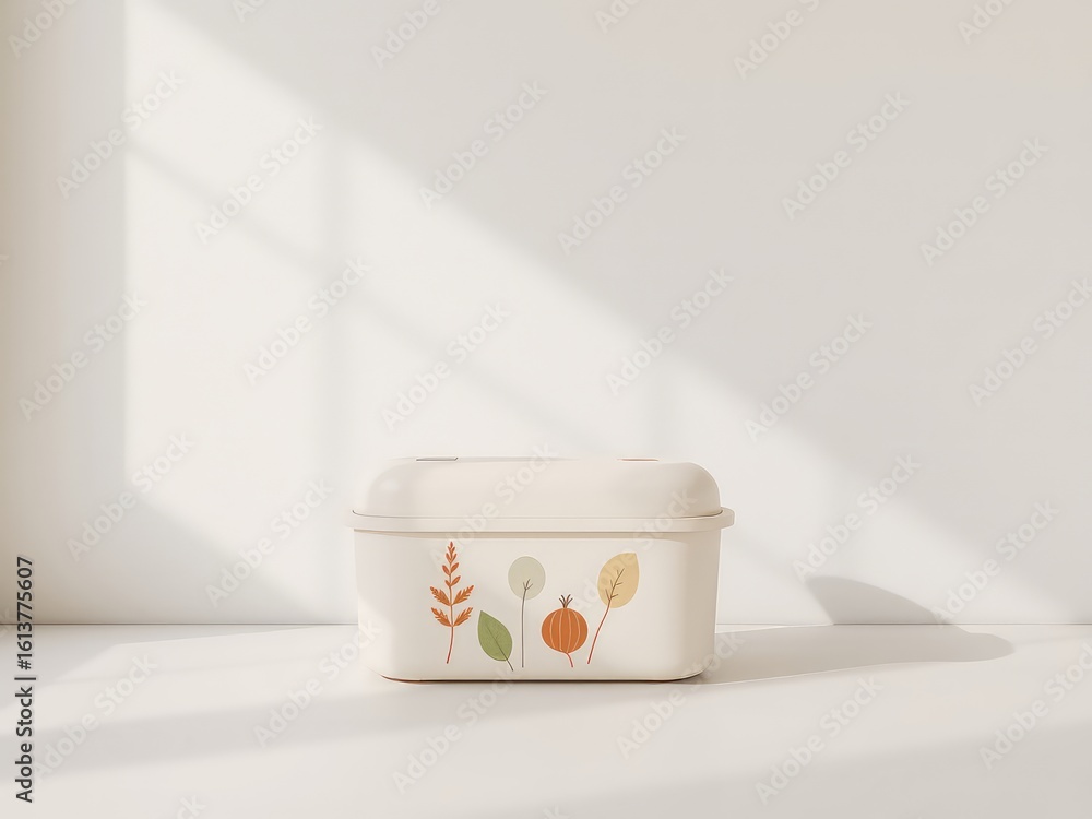 Poster minimalist cream colored storage container adorned with delightful abstract botanical leaf and berry