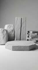 Minimalist stone pedestals and rocks on a clean white background