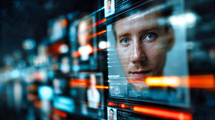 Facial Recognition Interface with Biometric Data in Futuristic Cyber Surveillance Grid
