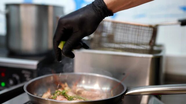 Chef squeezes fresh lime over shrimp in a pan, adding herbs while cooking seafood.