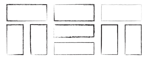 Rectangle frame line. Grunge frame collection. Grunge border set. Black ink brush frame collection bundle elements. Chalk or crayon hand drawing frames set. Vector stock illustration.