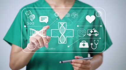 Doctor Interacting with Healthcare Digital Interface DNA, Heart, Ambulance, Stethoscope. Modern Medicine. - Powered by Adobe