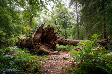Fallen tree trunk in a lush forest