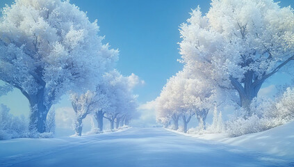 A snow-covered road leading to the horizon, lined with towering trees covered in pristine white frost, under a clear blue sky with fluffy clouds.