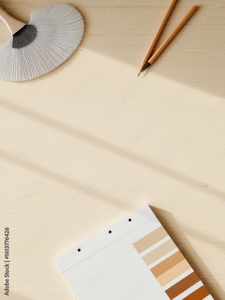 Poster artistic tools and a color palette swatch display on a light wooden desk bathed in natural sunlight 